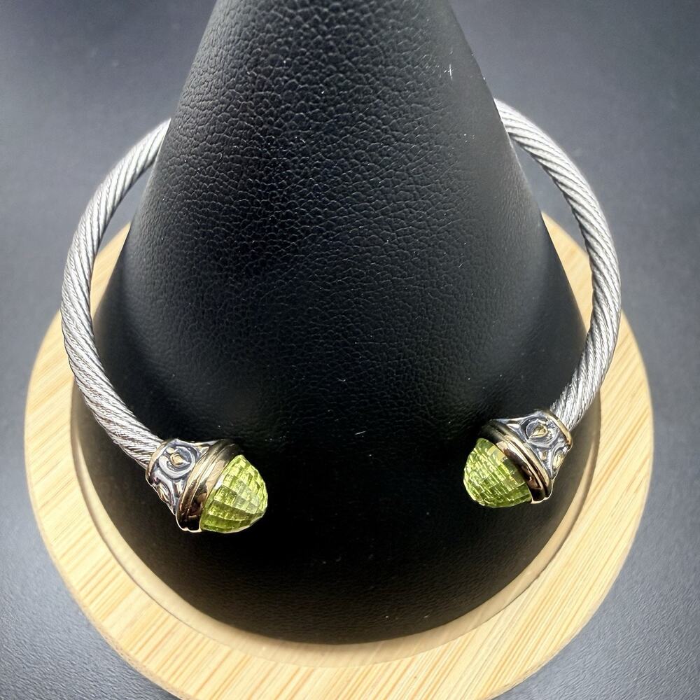 John Medeiros Wire Cable Bracelet Peridot Colored Stones Two Tone Metal